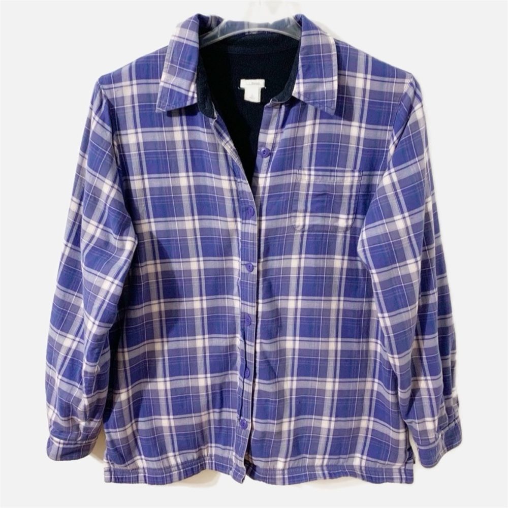 L. L. Bean Fleece Lined Button Front Long Sleeve Plaid  Shacket Pointed Collar